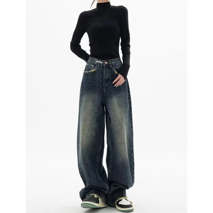 Vintage High Waist Wide Leg Deep Crotch Pockets Floor Length Jeans