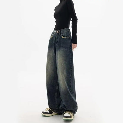 Vintage High Waist Wide Leg Deep Crotch Pockets Floor Length Jeans