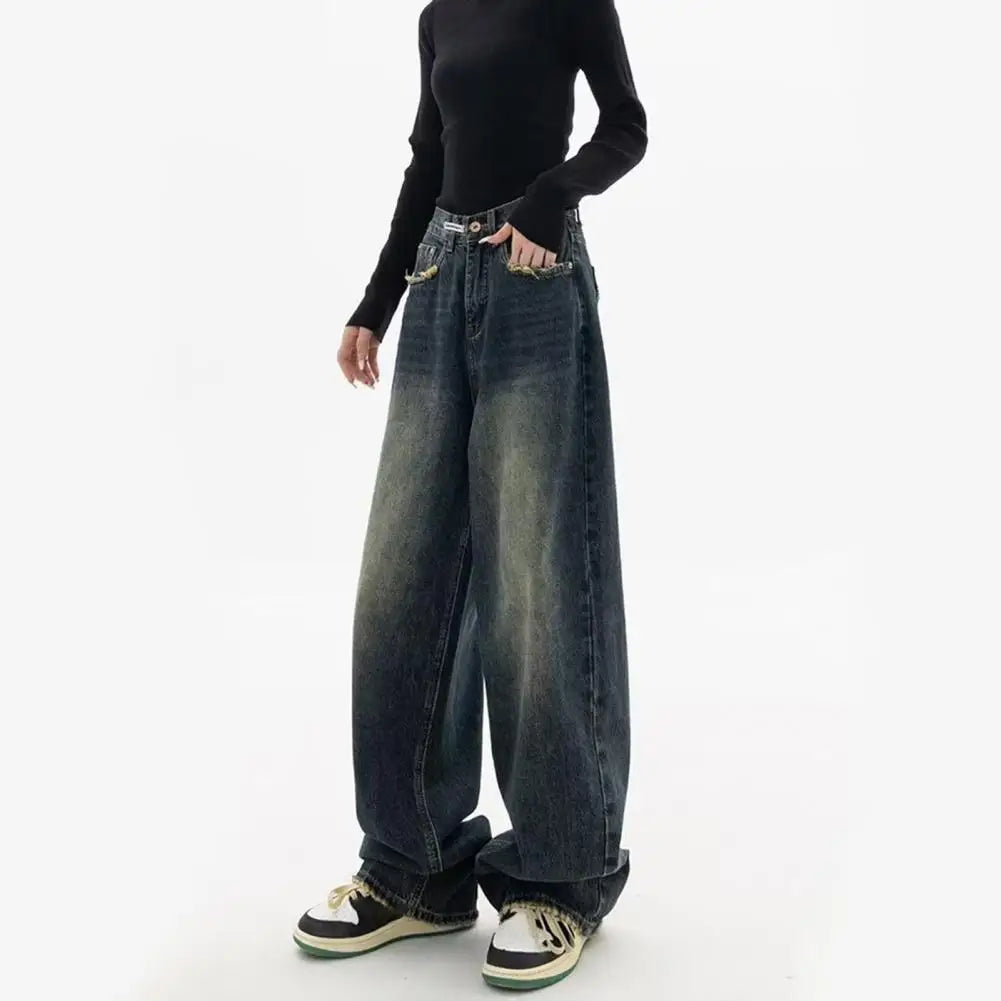 Vintage High Waist Wide Leg Deep Crotch Pockets Floor Length Jeans