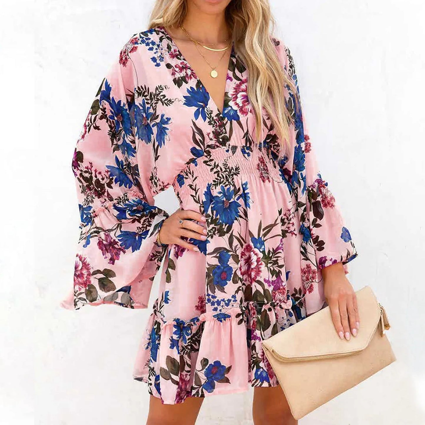 Flared Boho Floral Print Ruffles Long Sleeve Mini Casual Beach Sundress