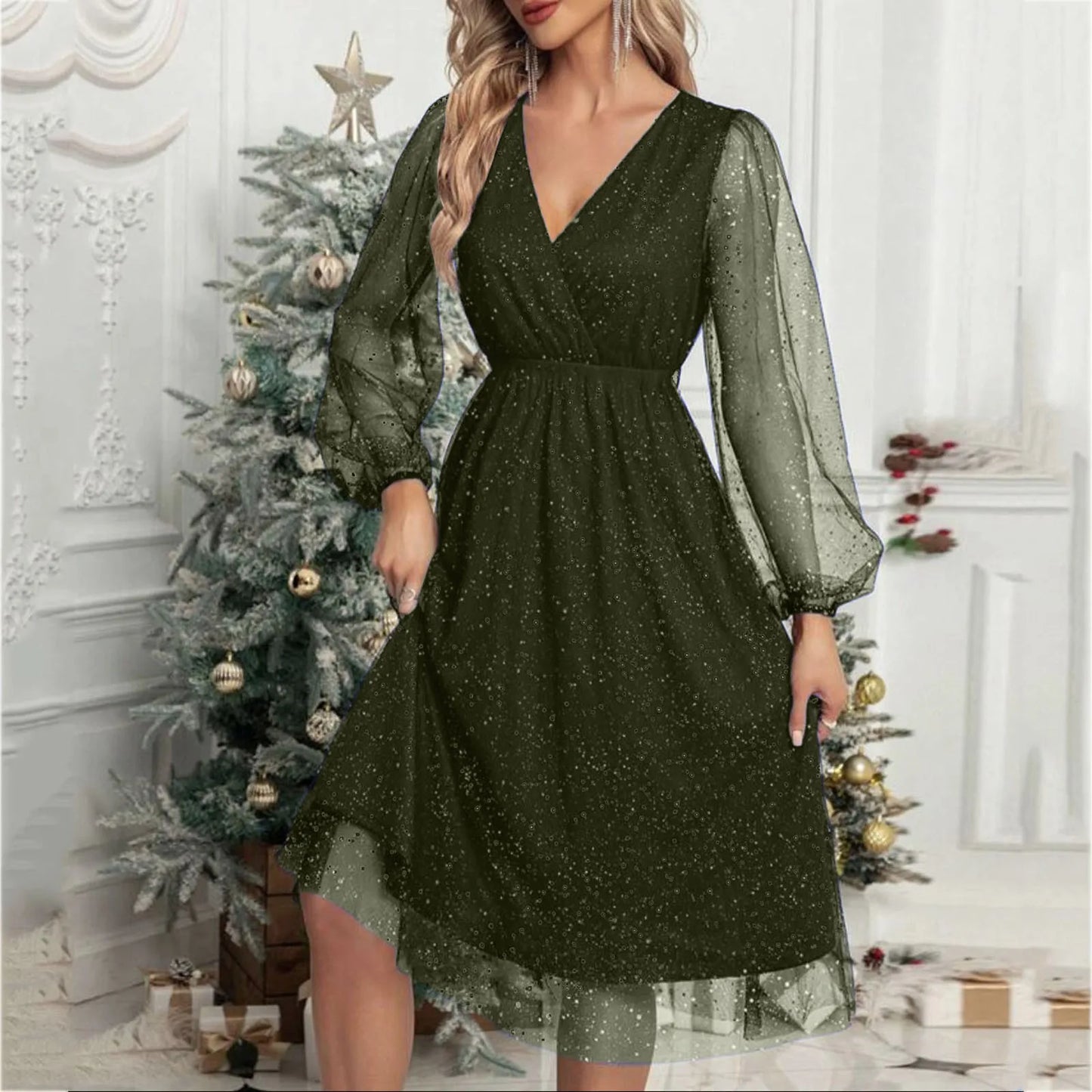 Elegant A-Line Mini Evening V Neck Mesh Long Sleeve Glitter Party Club High Waist Tulle Formal Dress