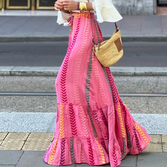 DressBetty - Elegant High Waist Vintage Patterned Print Boho Long Maxi Skirt