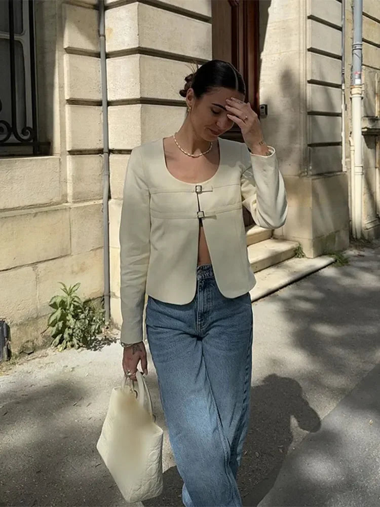 Elegant Single-breasted Short Fashion U-neck Long Sleeve Solid Slim Coat Main image