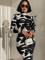 Printed Long Sleeve Pencil Midi Dress