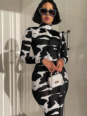 Printed Long Sleeve Pencil Midi Dress