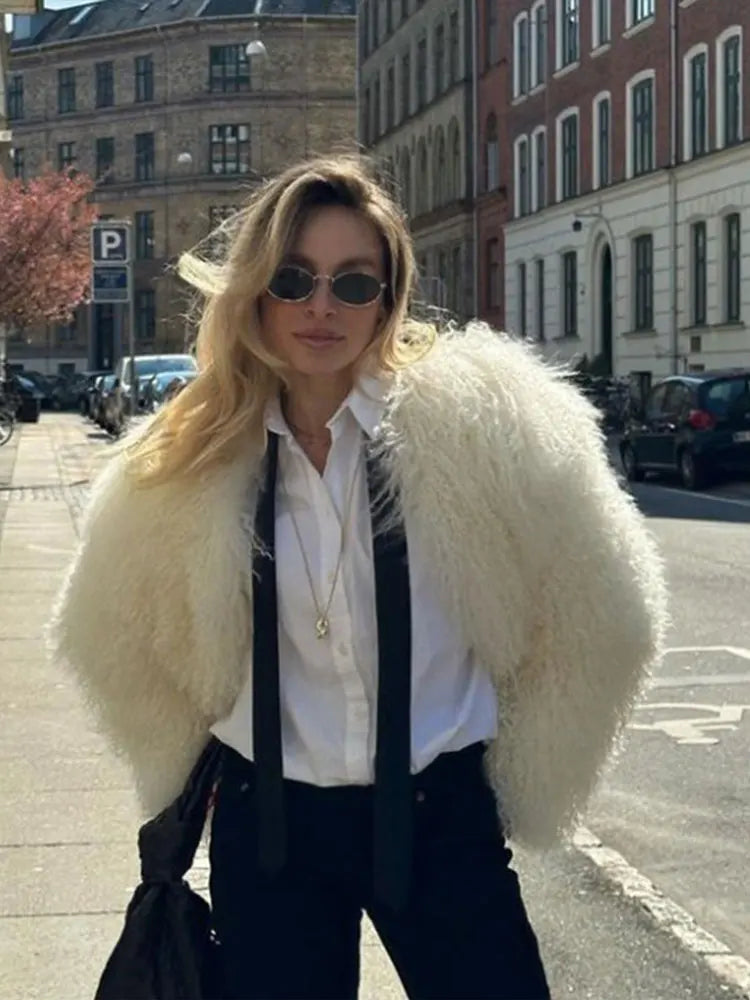 Fashion Faux Fur Solid Warm Chic O Neck Long Sleeve Crop Oversized Coat Main image