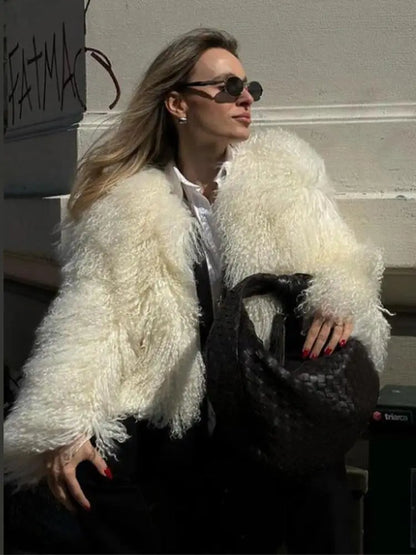 Fashion Faux Fur Solid Warm Chic O Neck Long Sleeve Crop Oversized Coat