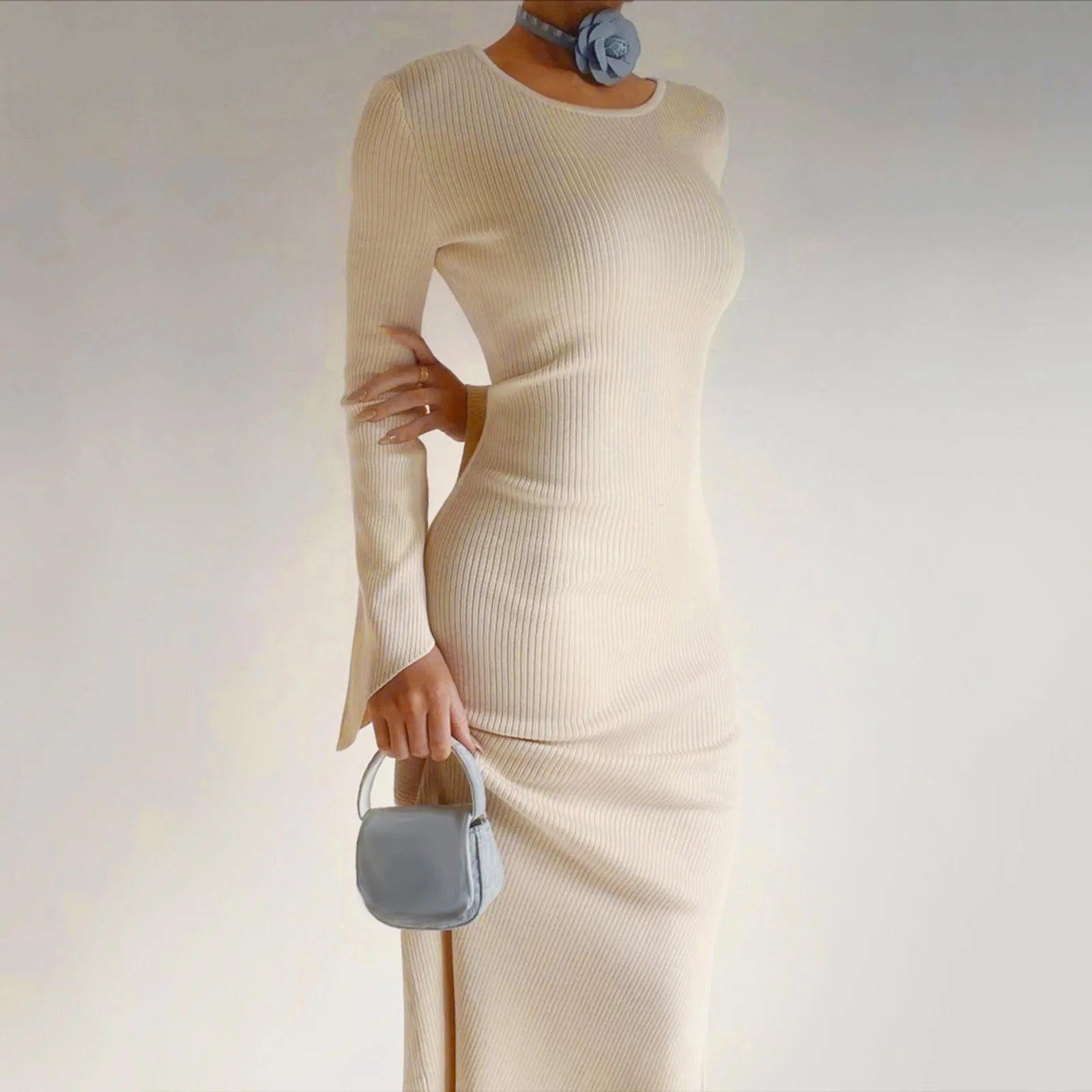 Fashion Knitted Bodycon Solid Color Long Sleeve Tie Backless Slim Fit Casual Vestidos Mujer Dress Main image