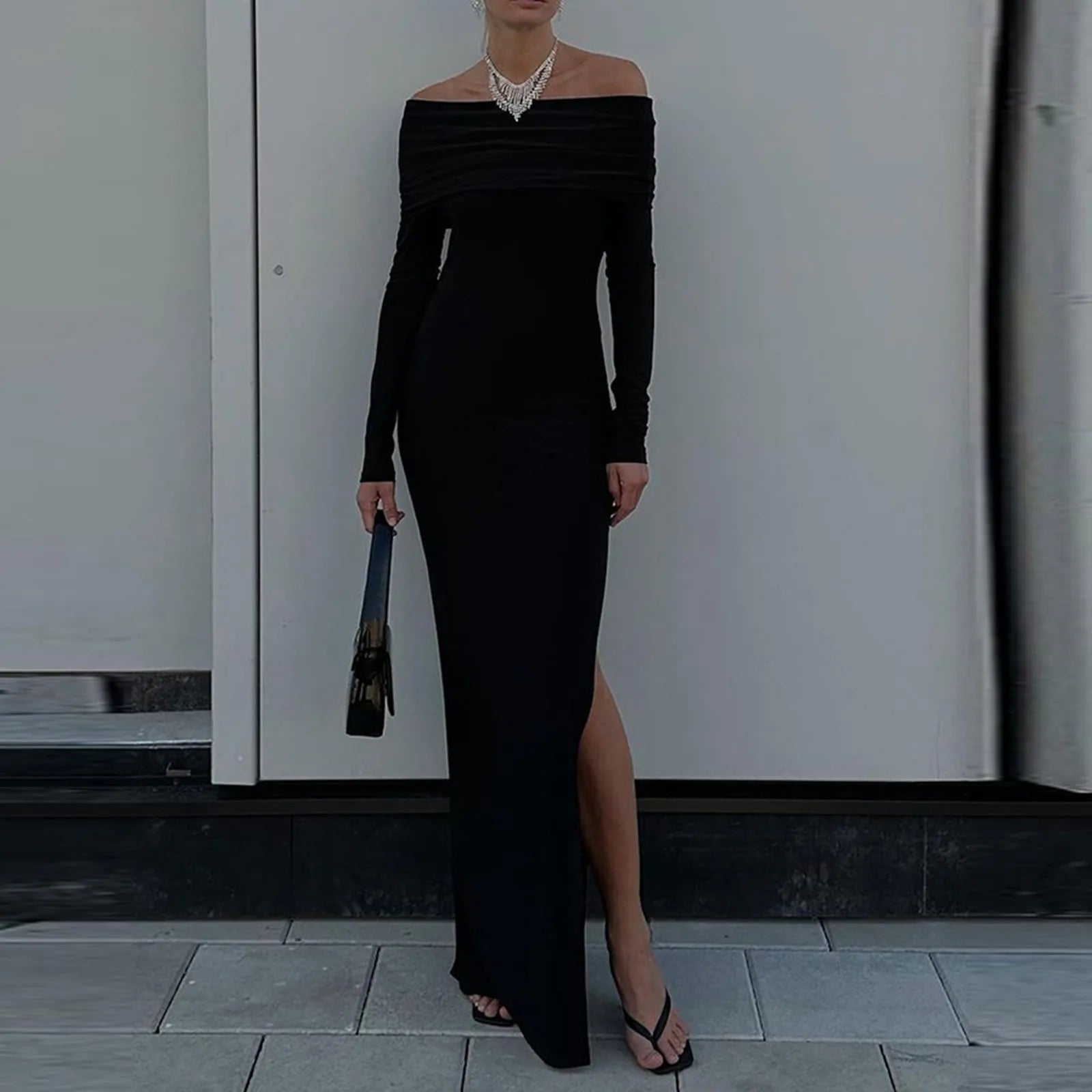 Stylish Fashion Off Shoulder Maxi Long Spring Fall Women Long Sleeve Solid Black High Slit Dress Main image