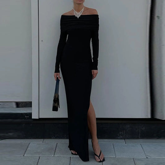 Stylish Fashion Off Shoulder Maxi Long Spring Fall Women Long Sleeve Solid Black High Slit Dress