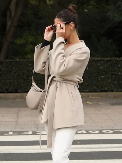 Fashion Solid Midi Belt Elegant V Neck Thick Warm Long Sleeve Coat