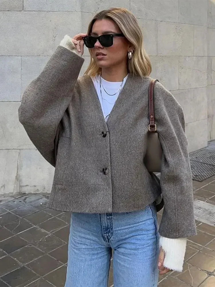 Fashion Solid Single Breasted Cotton Elegant V Neck Long Loose Coat Main image