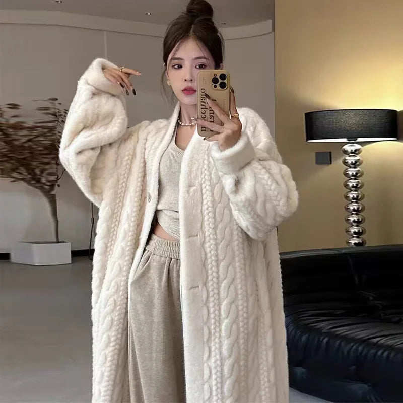 Women Fur Thickened Long Autumn Winter V-neck Thin Loose Casual Coat