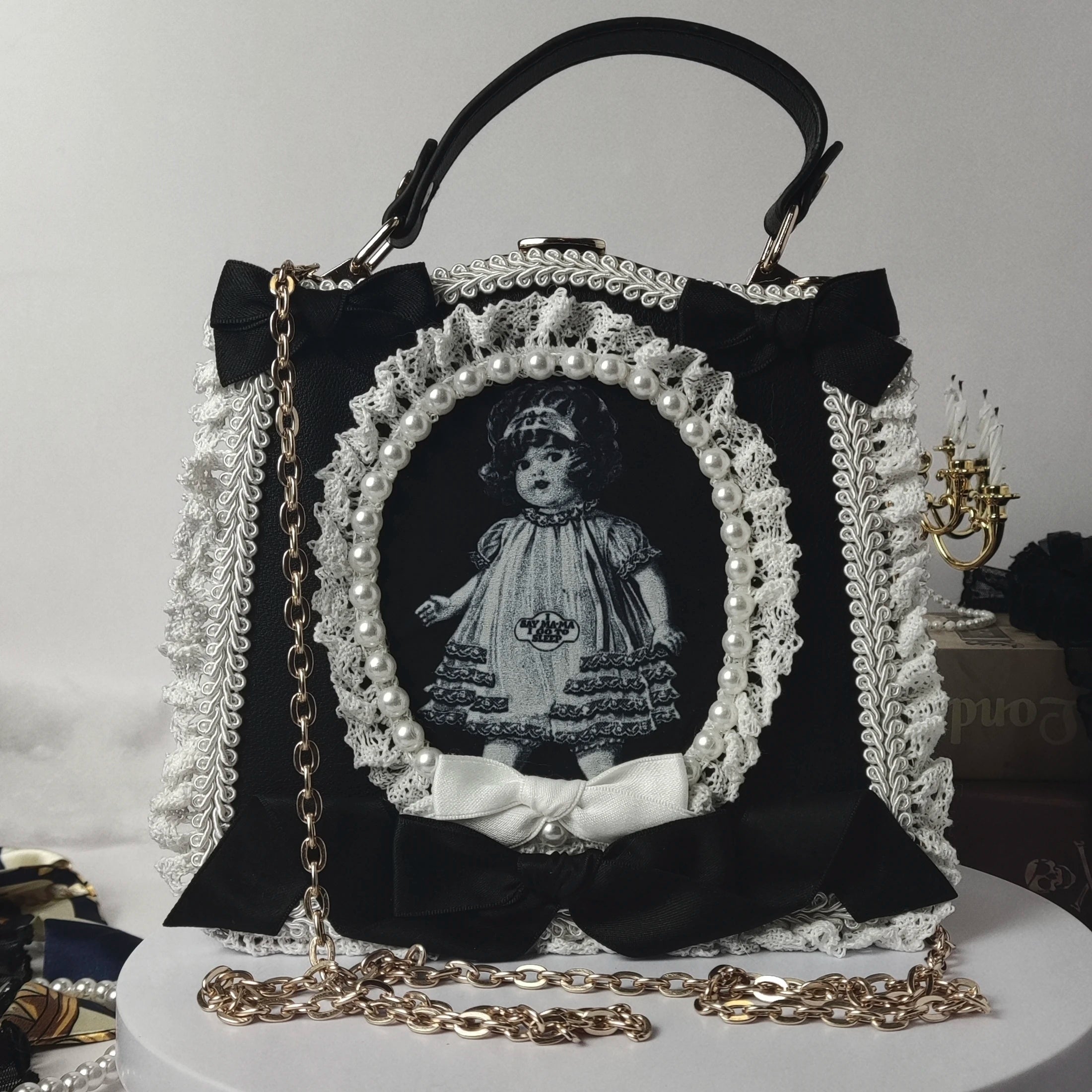 Vintage Punk Black White Doll Satchels Bowtie Imitation Pearl Lace Bag Main image