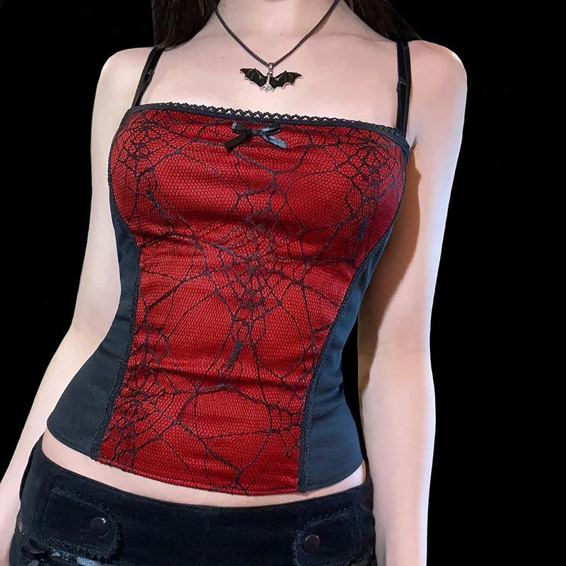 Gothic Spider Web Pattern Sleeveless Backless Zipper Crop Top Main image