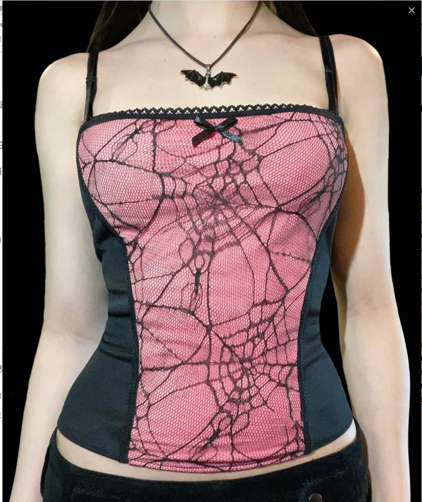Gothic Spider Web Pattern Sleeveless Backless Zipper Crop Top Secondary image