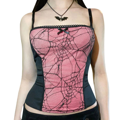 Gothic Spider Web Pattern Sleeveless Backless Zipper Crop Top