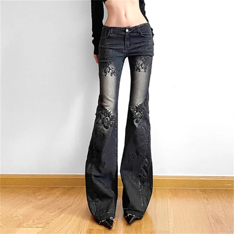 Women Gothic Y2K Flare Jeans 90s Aesthetic Low Waist Pants