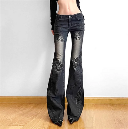 Women Gothic Y2K Flare Jeans 90s Aesthetic Low Waist Pants