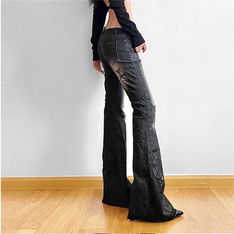 Women Gothic Y2K Flare Jeans 90s Aesthetic Low Waist Pants