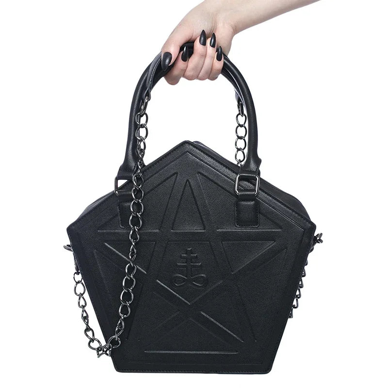 Pentagram Punk Darkness Gothic Star Black Soft Leather Chain Women Handbag