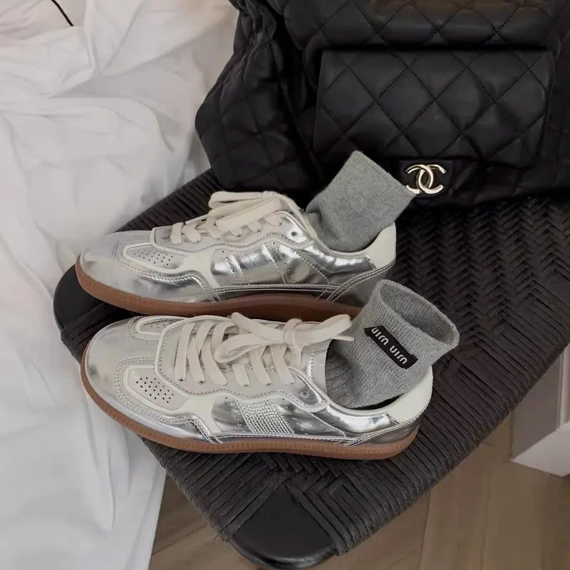 Women Jogging Casual Flats Metallic Silver Lace Up Tennis Breathable Skateboard Main image