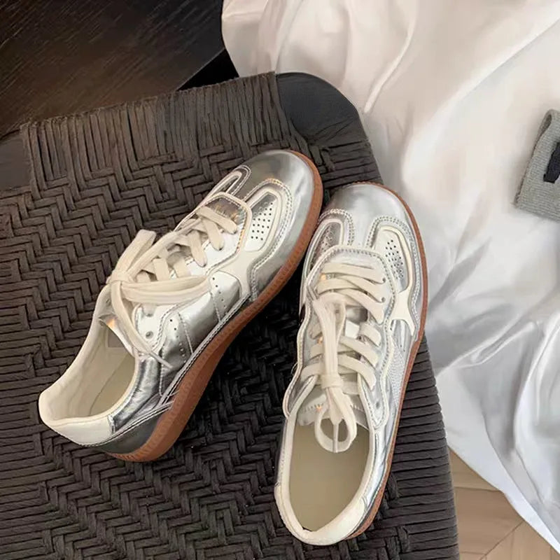Women Jogging Sneakers Casual Flats Walking Shoes Metallic Silver Lace Up Elastic Tennis Athletic trainers Breathable Secondary image