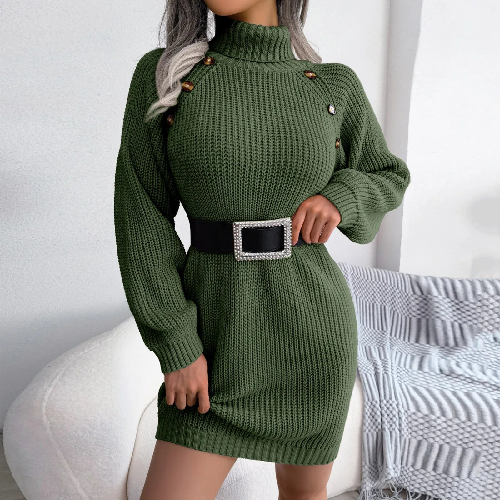 Knitted Turtleneck Autumn Winter Elastic Streetwear Solid Knit Short Dress Main image