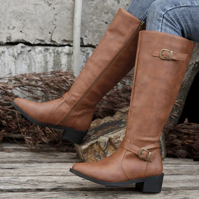 Women PU Leather Autumn Winter Round Toe Knight Platform Square Heel Knee High Boots Main image