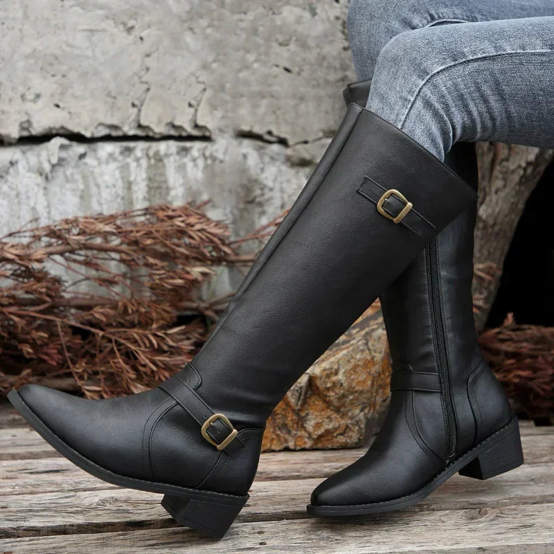 Women PU Leather Autumn Winter Round Toe Knight Platform Square Heel Knee High Boots