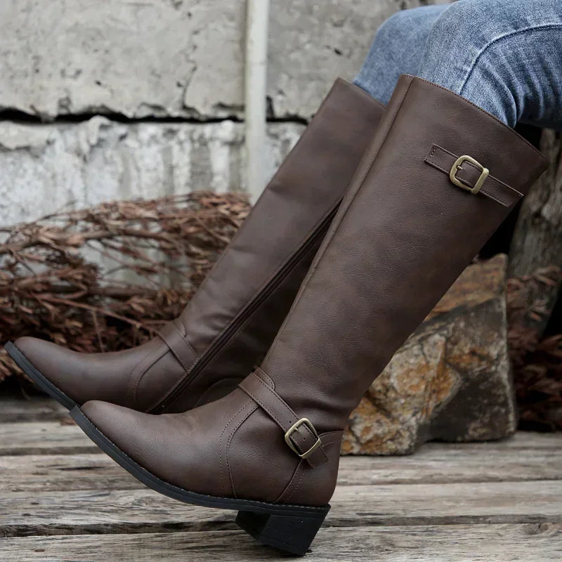 Women PU Leather Autumn Winter Round Toe Knight Platform Square Heel Knee High Boots Secondary image