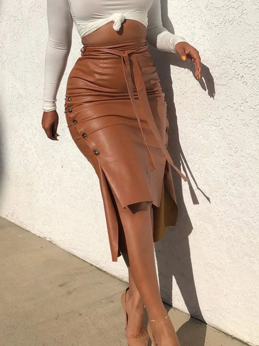 DressBetty - PU Leather Midi Skirt Solid Color High Waist Slim Pencil Skirt