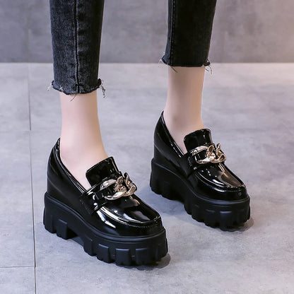 Patent Leather Breathable Chain Chunky High Heels Platform Sneakers Loafers