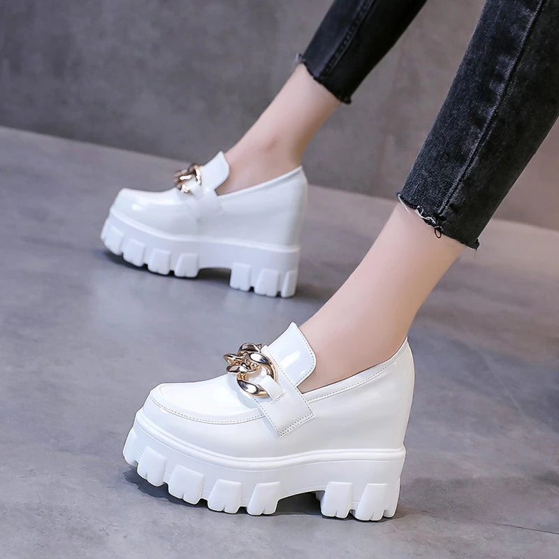 Patent Leather Breathable Chain Chunky High Heels Platform Sneakers Loafers Secondary image