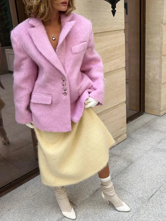 Pink Woolen Lapel Fashion Elegant Long Single High Street Coat