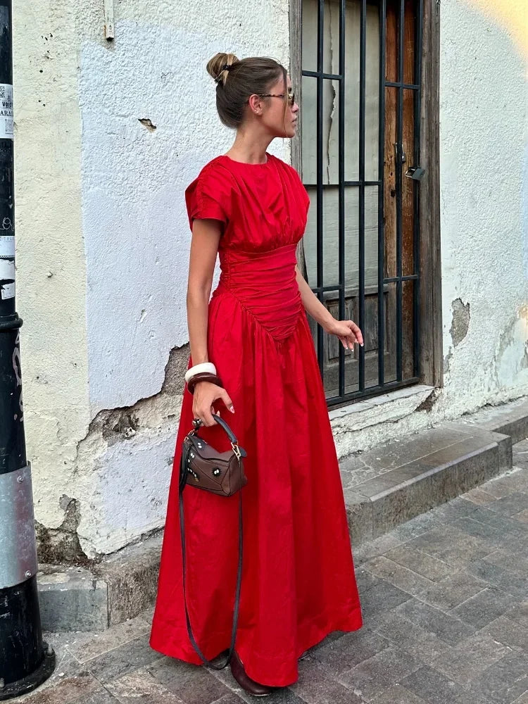 Red Irregular Pleated Wrap Waisted Maxi Christmas Party Dress