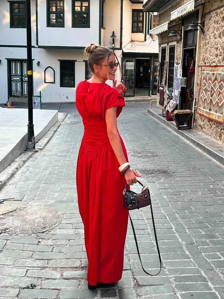 Red Irregular Pleated Wrap Waisted Maxi Christmas Party Dress