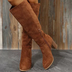 Women Retro Heels Western Cowboy Warm Plush Leather Suede Knee High Boots