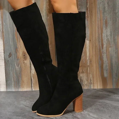 Women Retro Heels Western Cowboy Warm Plush Leather Suede Knee High Boots