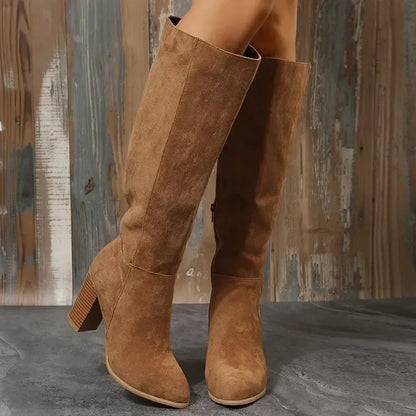 Women Retro Heels Western Cowboy Warm Plush Leather Suede Knee High Boots