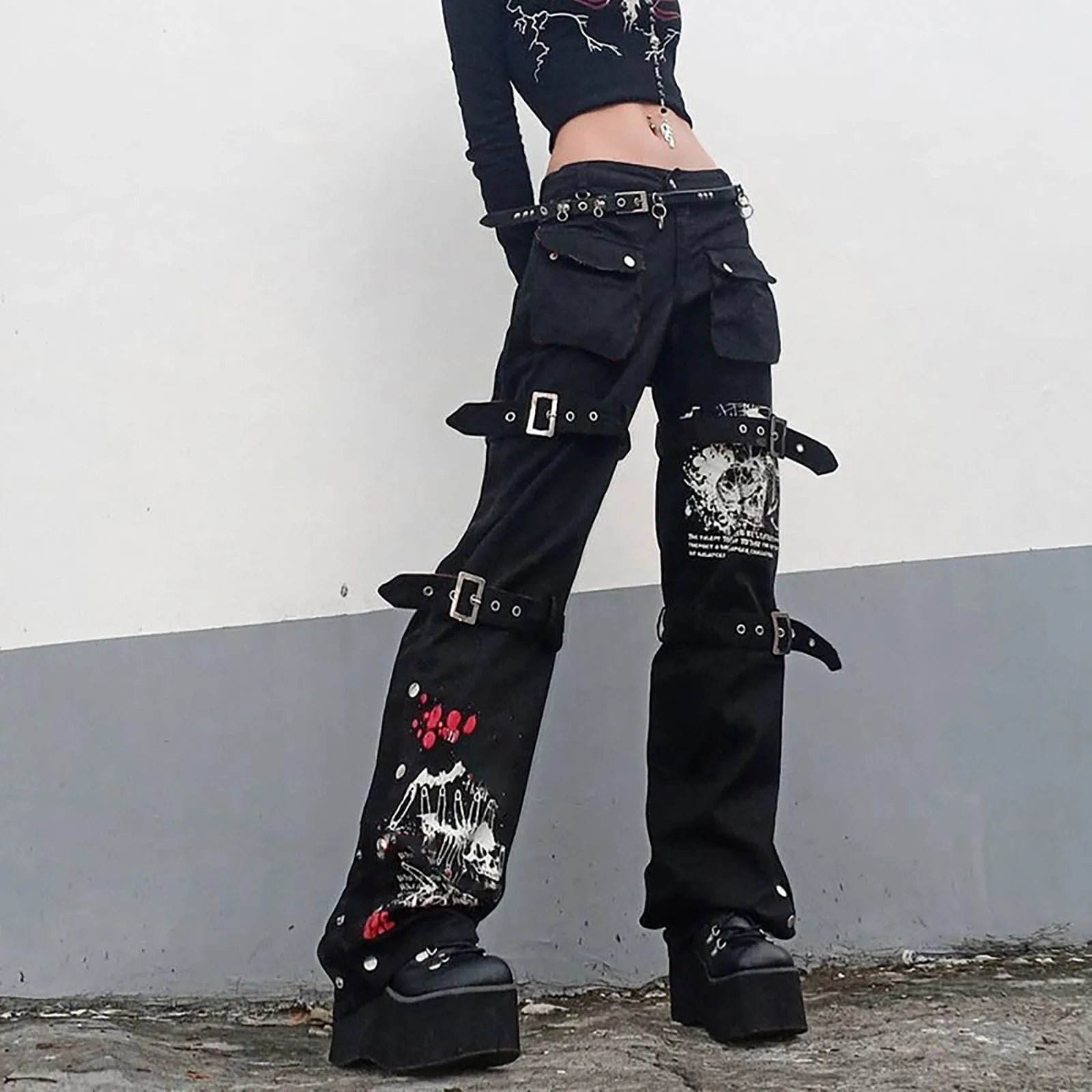 Gothic Retro Washed Print Low-Rise Cool Loop Hip Hop Wide-Leg Street Pants Main image