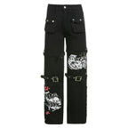 Gothic Retro Washed Print Low-Rise Cool Loop Hip Hop Wide-Leg Street Pants