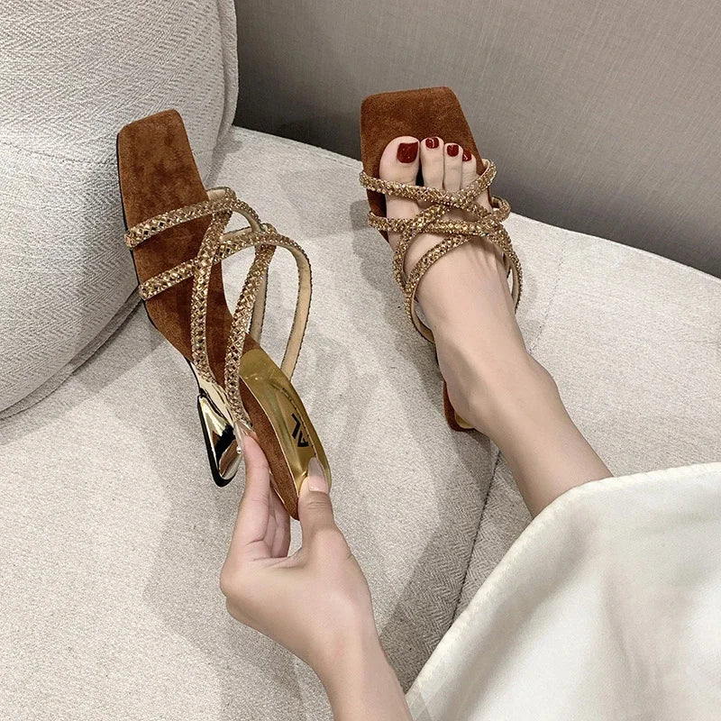 New Summer Rhinestone Ankle Strap Ladies High Thick Squares  Shoes Low Heel Pumps Main image