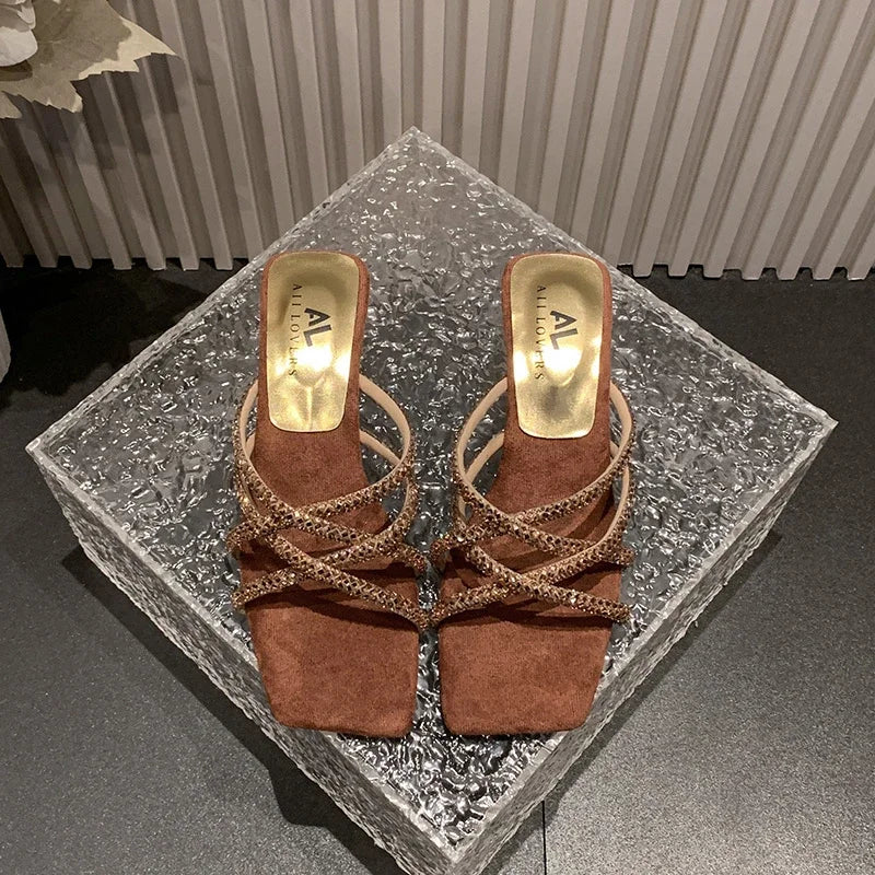 New Summer Rhinestone Ankle Strap Ladies High Thick Squares  Shoes Low Heel Pumps Secondary image