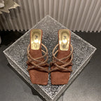 New Summer Rhinestone Ankle Strap Ladies High Thick Squares  Shoes Low Heel Pumps