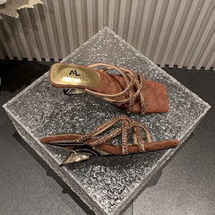 New Summer Rhinestone Ankle Strap Ladies High Thick Squares  Shoes Low Heel Pumps