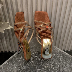 New Summer Rhinestone Ankle Strap Ladies High Thick Squares  Shoes Low Heel Pumps