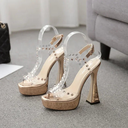 Transparent PVC Rhinestones Peep Toe Super High Heel Buckle Strap High Heel