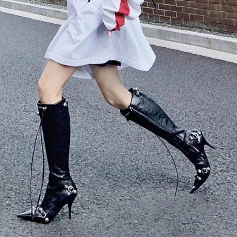 Trendy Chic Stretch Fabric Stylish Pointed Toe Knee High Boots Secondary image