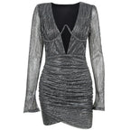 Deep V Neck Tempting Wrap Hip Solid Color Long Sleeve Bodycon Pleated Slim Mini Evening Dress